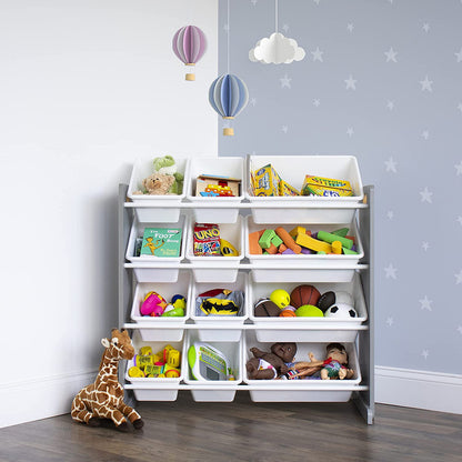 Children's Toy Organiser Shelf with 12 Storage Boxes, Grey/White