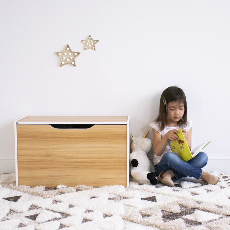 Hinged Toy Storage Chest with Lid, Natural Wood