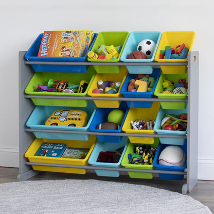 Children's Toy Organiser Shelf with 16 Storage Boxes, Grey/Blue/Green/Yellow