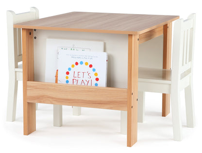 Children's Wood Table and 2 Chairs Set with Book Storage, Natural/White