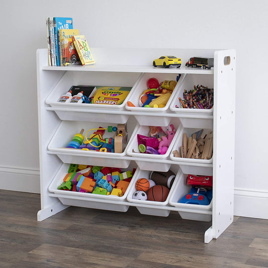 Children's Toy Organiser Shelf with 9 Storage Boxes, White/White