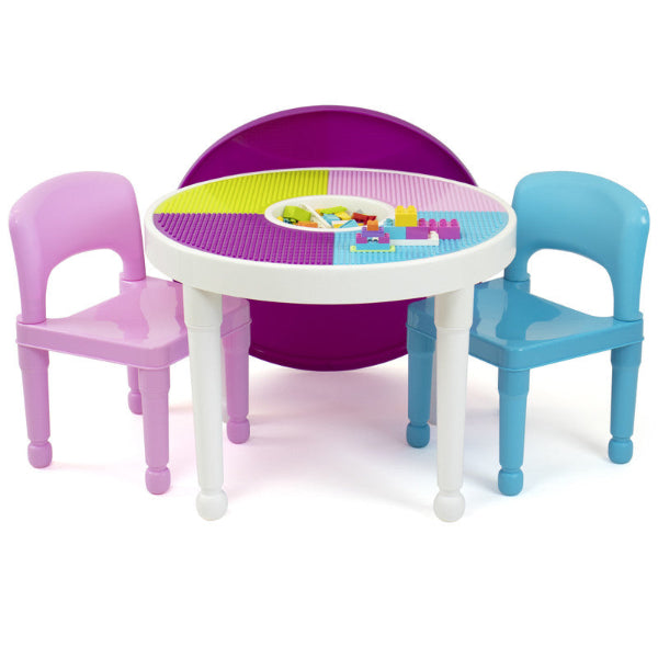Childrens 2-in-1 Plastic Building Blocks-Compatible Activity Table and 2 Chairs Set, Round, White/Blue/Pink