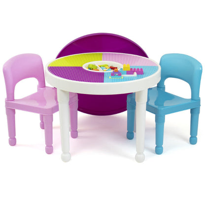 Childrens 2-in-1 Plastic Building Blocks-Compatible Activity Table and 2 Chairs Set, Round, White/Blue/Pink