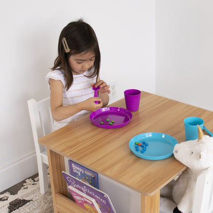 Children's Wood Table and 2 Chairs Set with Book Storage, Natural/White