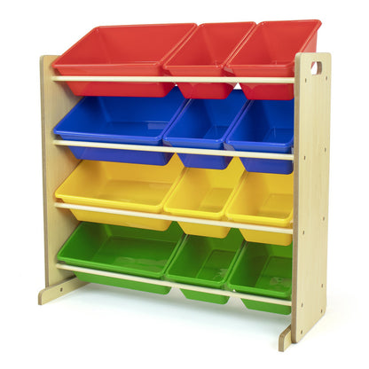 Children's Toy Organiser with 12 Storage Boxes, Natural and Multicolor