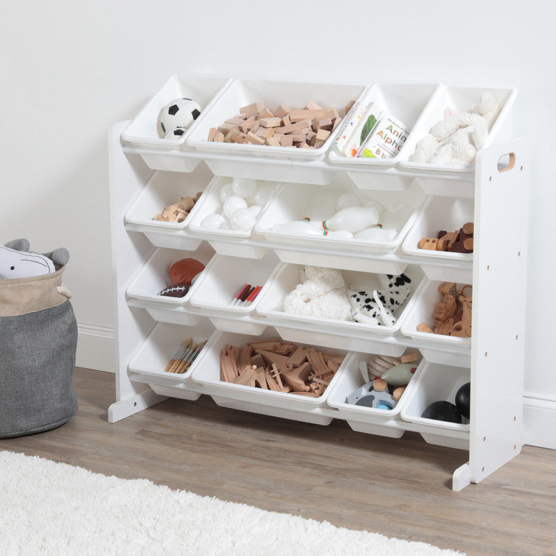 Children's Wooden Toy Organiser Shelf with 16 Plastic Bins, White