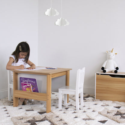 Children's Wood Table and 2 Chairs Set with Book Storage, Natural/White