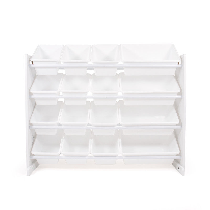 Children's Wooden Toy Organiser Shelf with 16 Plastic Bins, White