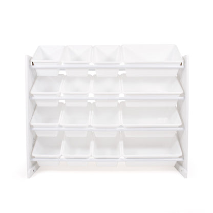 Children's Wooden Toy Organiser Shelf with 16 Plastic Bins, White