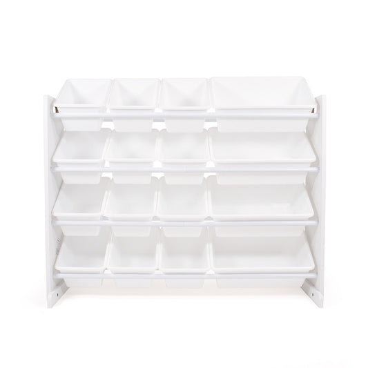 Children's Wooden Toy Organiser Shelf with 16 Plastic Bins, White
