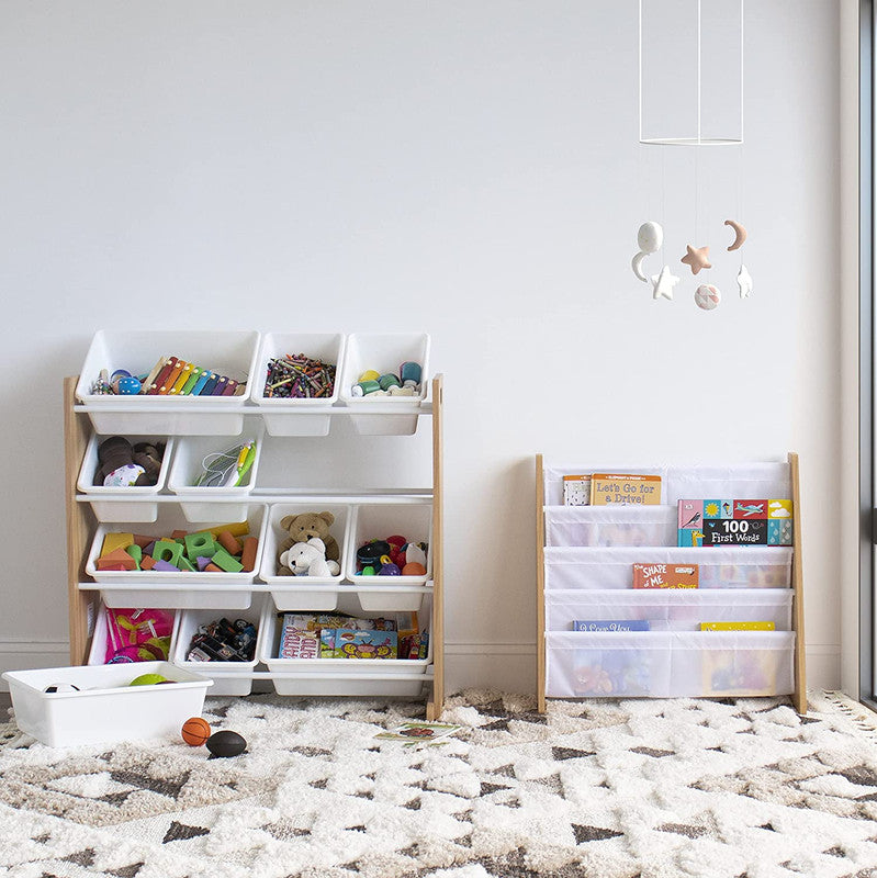 Children's Toy Organiser Shelf with 12 Storage Boxes, Natural/White