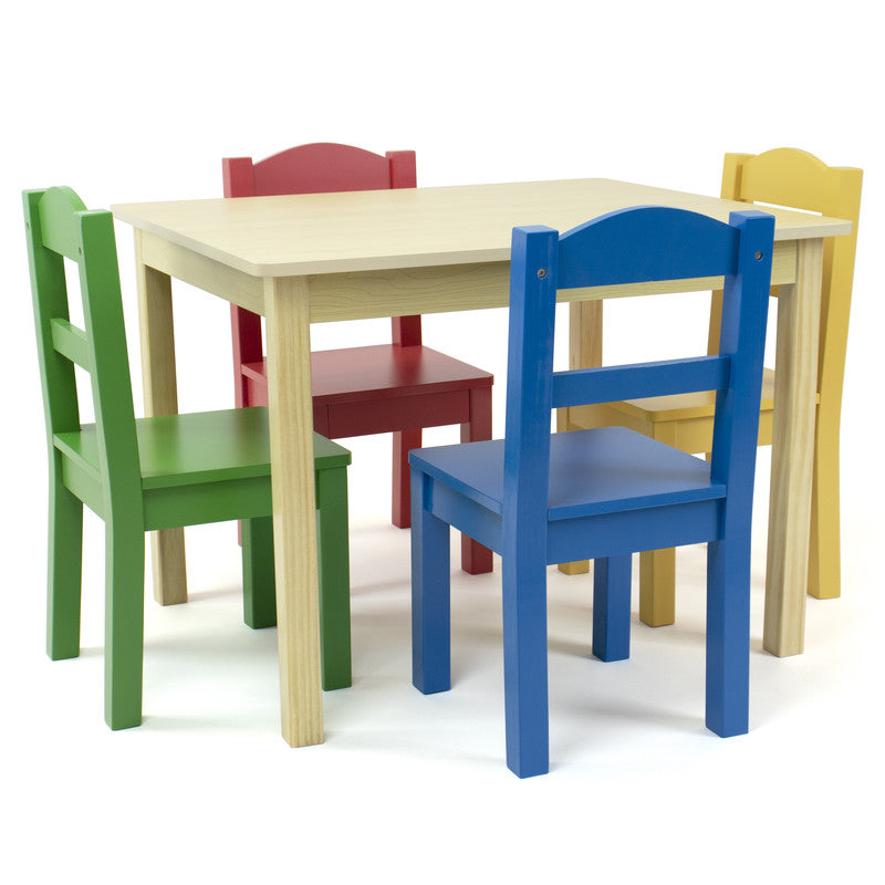 Children's Wooden Square Table and 4 Chairs Set, Natural Wood/Primary