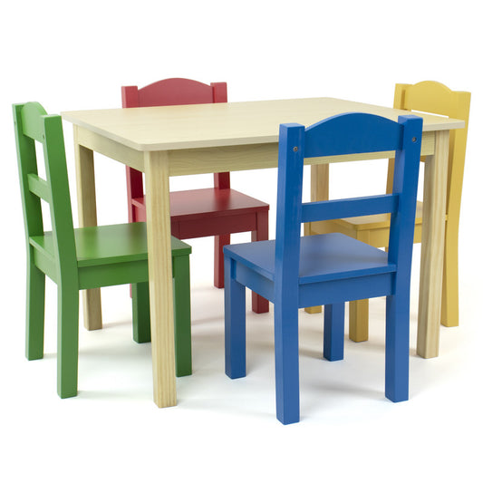 Children's Wooden Square Table and 4 Chairs Set, Natural Wood/Primary