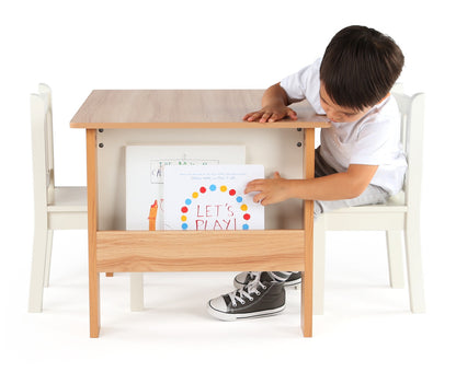 Children's Wood Table and 2 Chairs Set with Book Storage, Natural/White