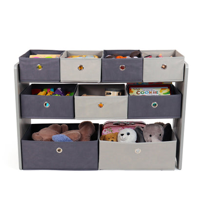 Children's Wooden Toy Organiser Shelf, 9 Fabric Bins, Grey