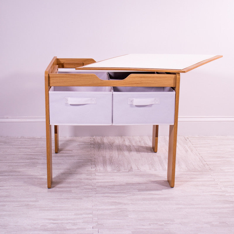 Children's Wood Building Block-Compatible Construction Table with 4 Bins, White/Natural Wood