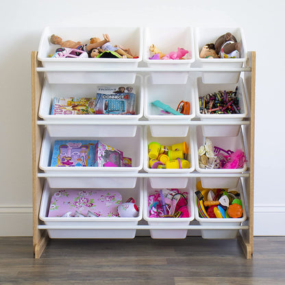 Children's Toy Organiser Shelf with 12 Storage Boxes, Natural/White