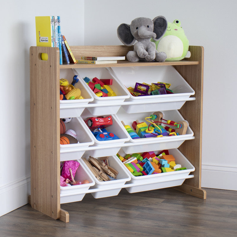 Children's Toy Organiser Shelf with 9 Storage Boxes, Natural/White