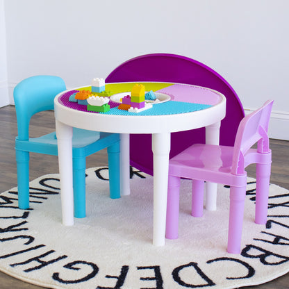 Childrens 2-in-1 Plastic Building Blocks-Compatible Activity Table and 2 Chairs Set, Round, White/Blue/Pink