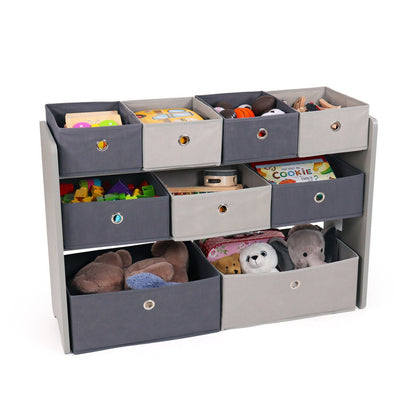 Children's Wooden Toy Organiser Shelf, 9 Fabric Bins, Grey