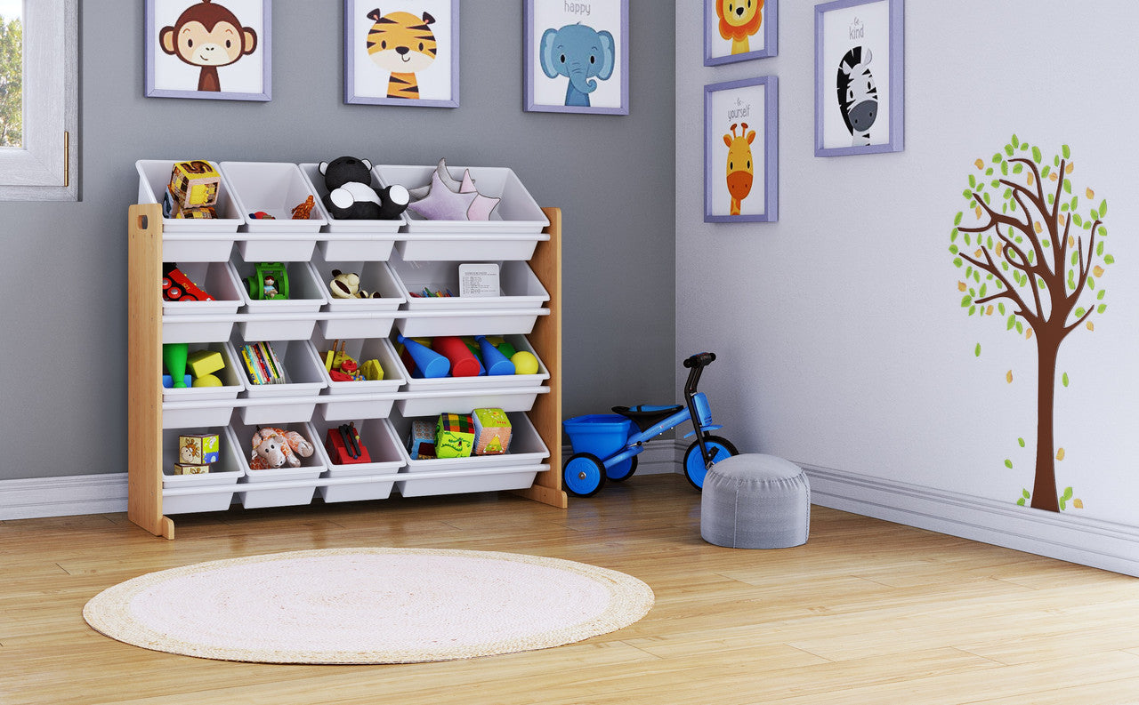 Children's Toy Organiser Shelf with 16 Storage Boxes, Natural/White
