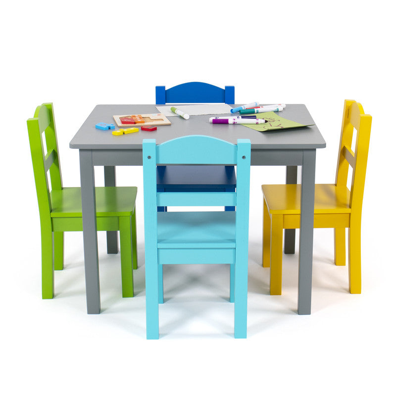 Children's Wooden Square Table and 4 Chairs Set, Grey/Blue/Green/Yellow