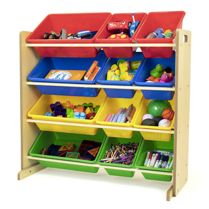 Children's Toy Organiser with 12 Storage Boxes, Natural and Multicolor
