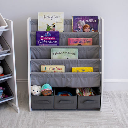 Children's Bookcase Storage Rack with 4 Tiers, White/Grey