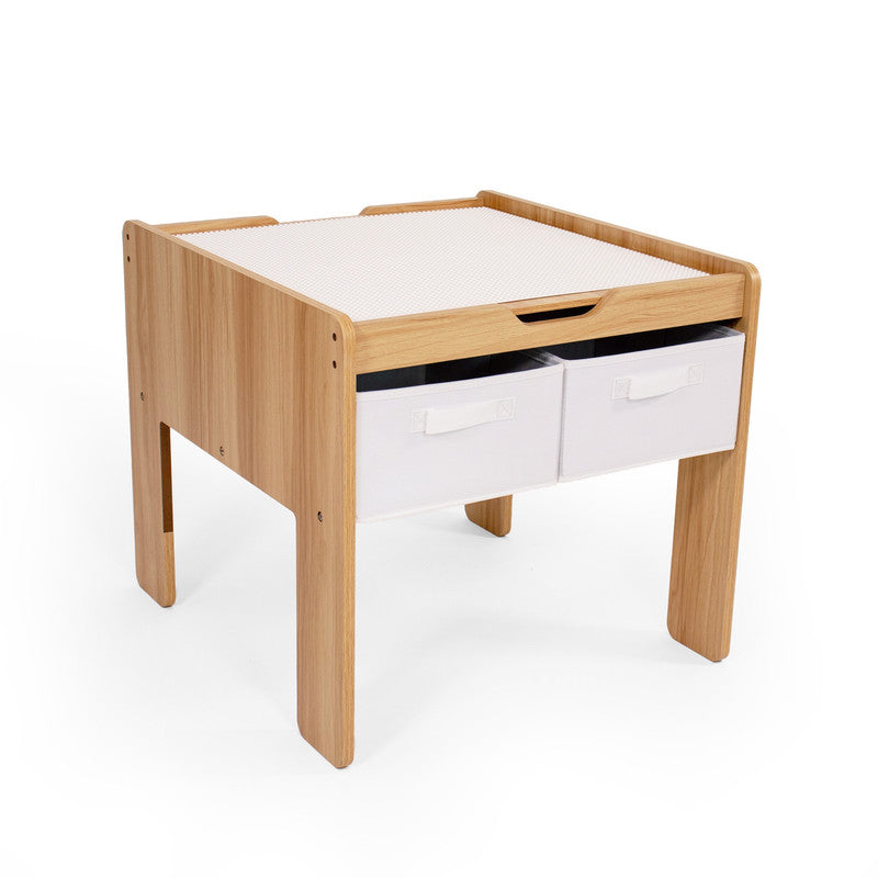 Children's Wood Building Block-Compatible Construction Table with 4 Bins, White/Natural Wood
