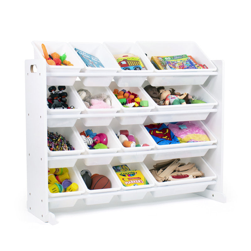 Children's Wooden Toy Organiser Shelf with 16 Plastic Bins, White