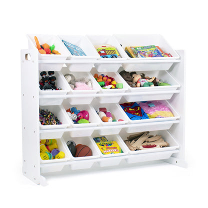 Children's Wooden Toy Organiser Shelf with 16 Plastic Bins, White