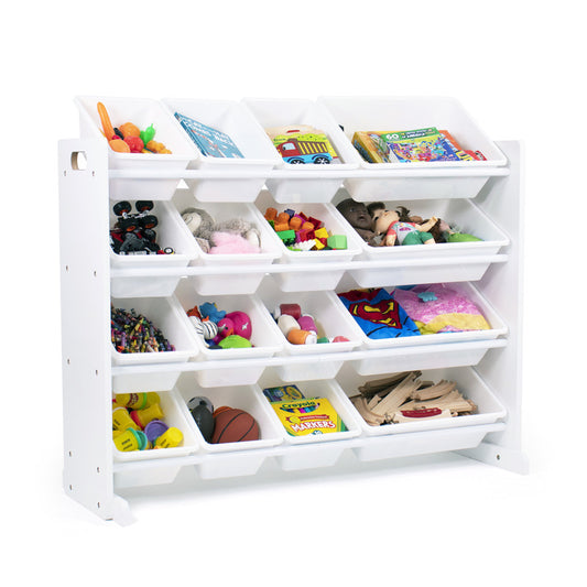 Children's Wooden Toy Organiser Shelf with 16 Plastic Bins, White