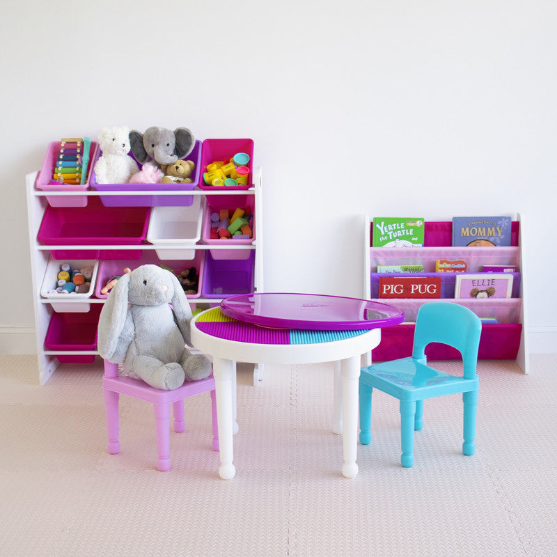 Childrens 2-in-1 Plastic Building Blocks-Compatible Activity Table and 2 Chairs Set, Round, White/Blue/Pink