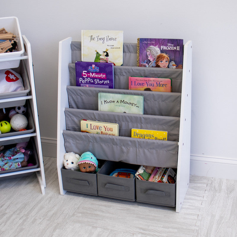 Children's Bookcase Storage Rack with 4 Tiers, White/Grey