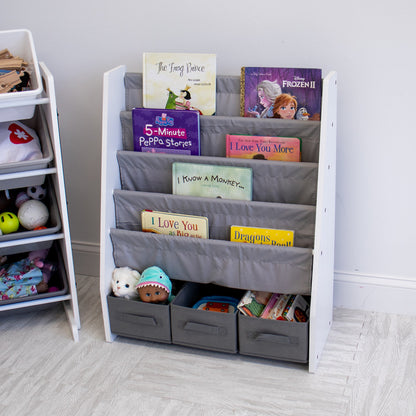 Children's Bookcase Storage Rack with 4 Tiers, White/Grey
