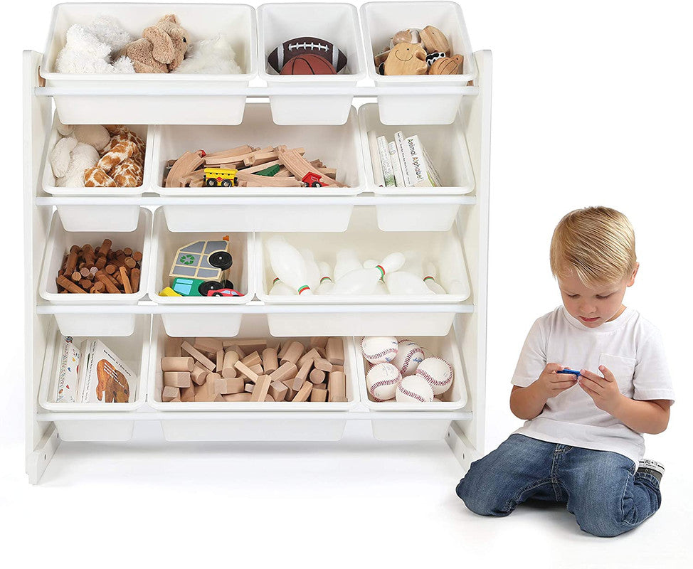Children's Toy Organiser Shelf with 12 Storage Boxes, White/White
