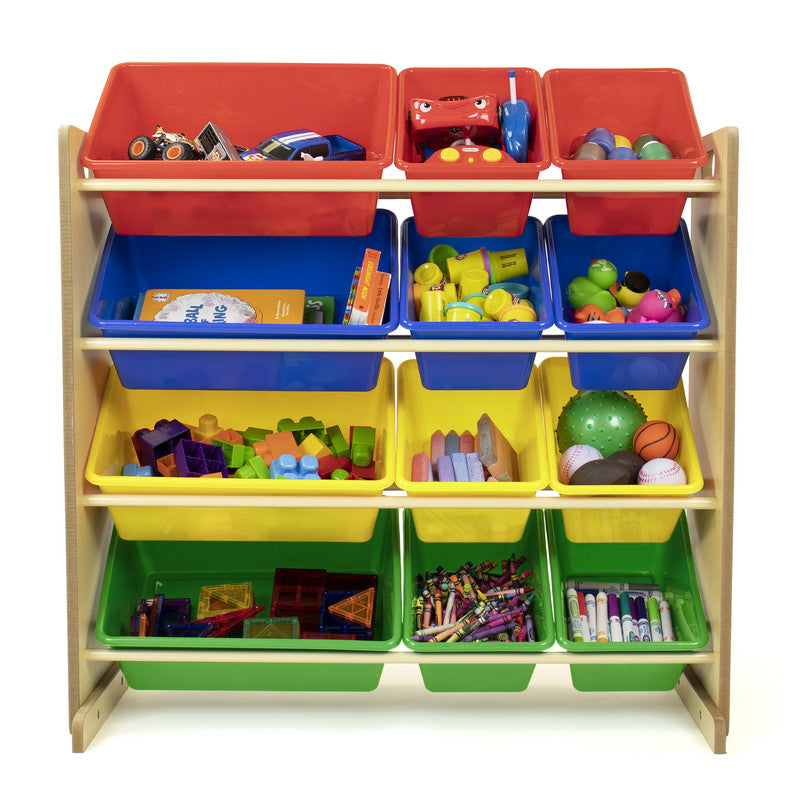 Children's Toy Organiser with 12 Storage Boxes, Natural and Multicolor