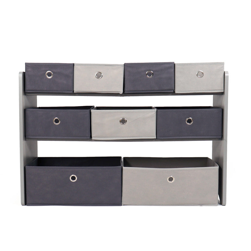 Children's Wooden Toy Organiser Shelf, 9 Fabric Bins, Grey