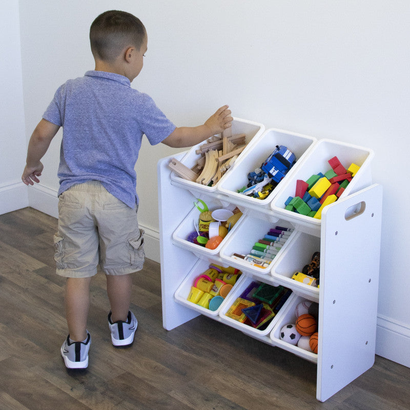 Children's Wooden Toy Organiser with 9 Storage Boxes, White