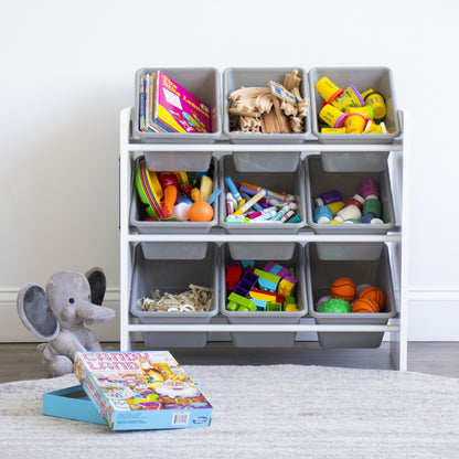 Children's Toy Organiser Shelf with 9 Storage Boxes, White/Grey