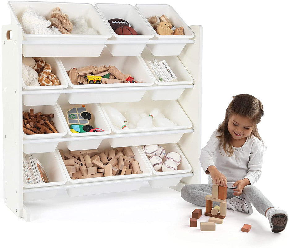 Children's Toy Organiser Shelf with 12 Storage Boxes, White/White