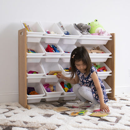 Children's Toy Organiser Shelf with 16 Storage Boxes, Natural/White