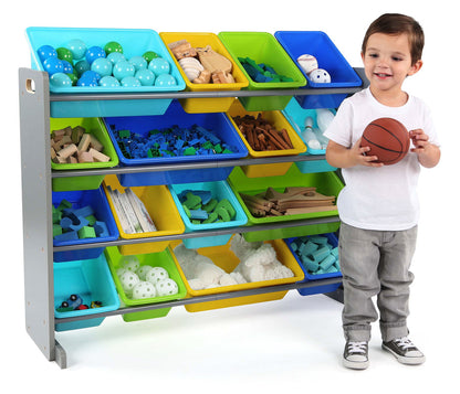 Children's Toy Organiser Shelf with 16 Storage Boxes, Grey/Blue/Green/Yellow