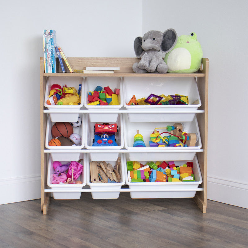 Children's Toy Organiser Shelf with 9 Storage Boxes, Natural/White