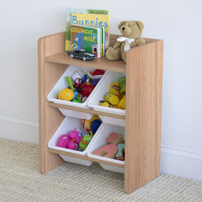 Toy Organiser Shelf with 4 Storage Boxes, Natural/White