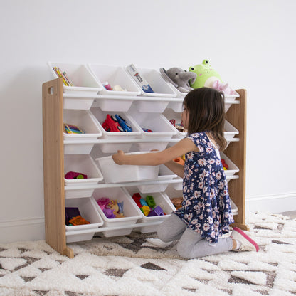Children's Toy Organiser Shelf with 16 Storage Boxes, Natural/White