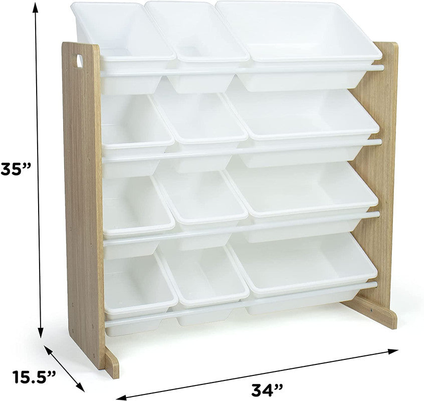 Children's Toy Organiser Shelf with 12 Storage Boxes, Natural/White