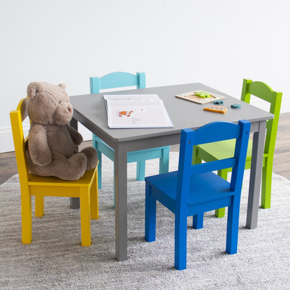 Children's Wooden Square Table and 4 Chairs Set, Grey/Blue/Green/Yellow