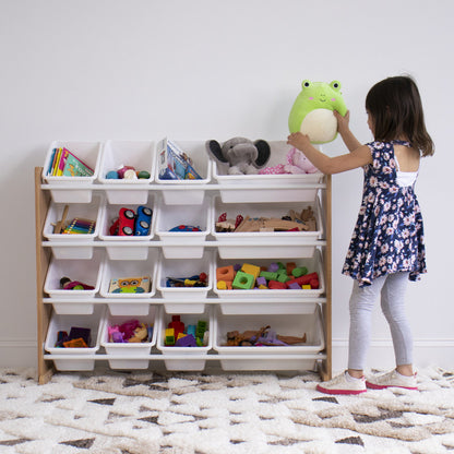 Children's Toy Organiser Shelf with 16 Storage Boxes, Natural/White