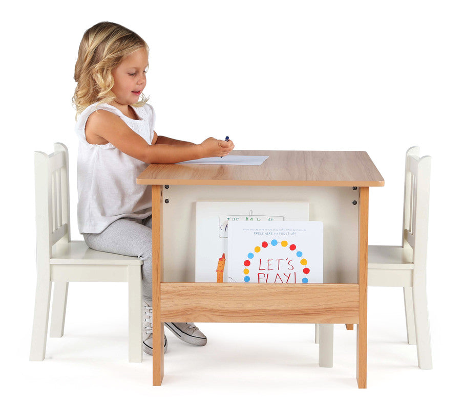 Children's Wood Table and 2 Chairs Set with Book Storage, Natural/White